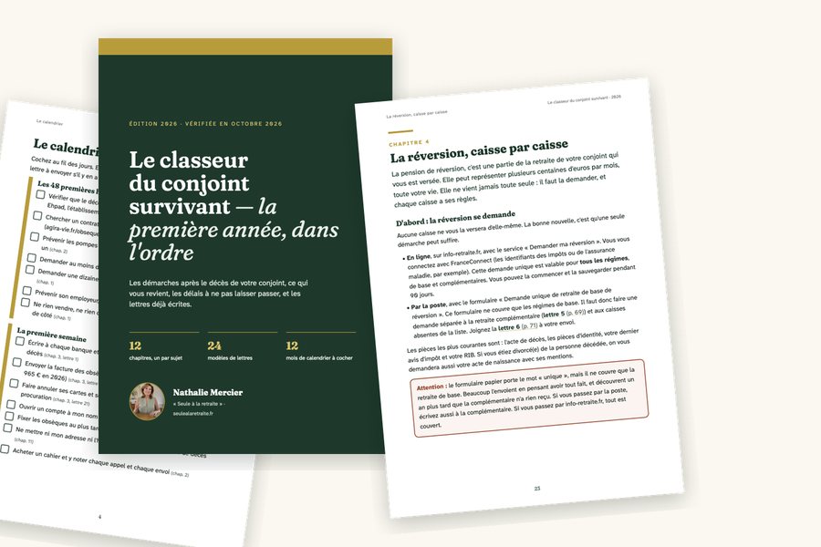 Trois pages du classeur : le calendrier, la couverture et le chapitre « La réversion, caisse par caisse »